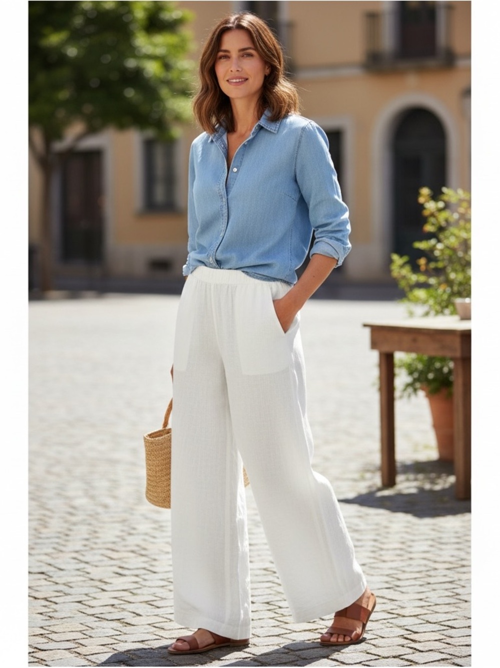Old Navy White Linen Wide-Leg Elastic-Waist Pull-On Pants